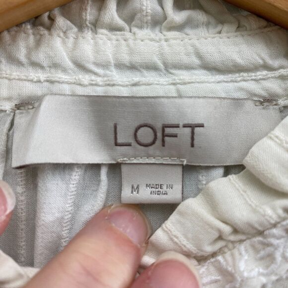 LOFT Button Down Shirt Top White Cotton Pleated Ruffle Cottagecore Womens Medium - Picture 5 of 9